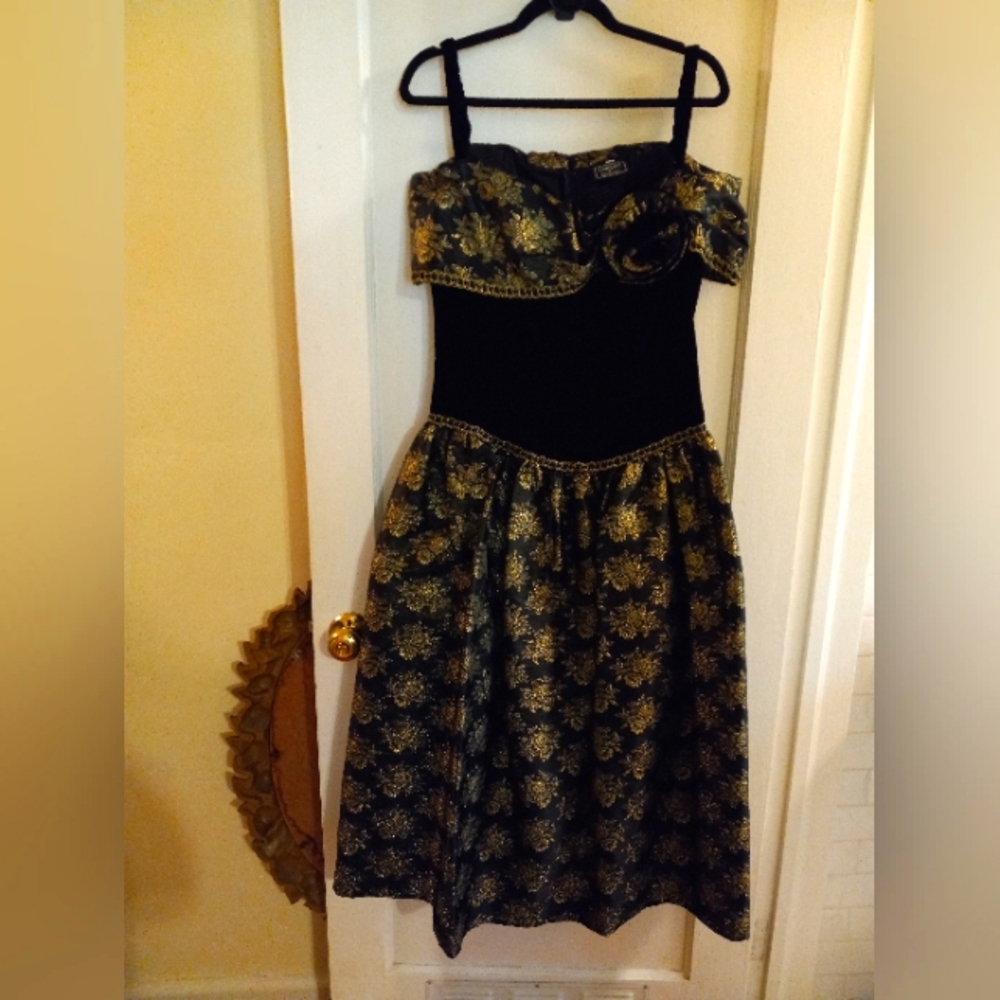 Gold and black off shoulder velvet dress